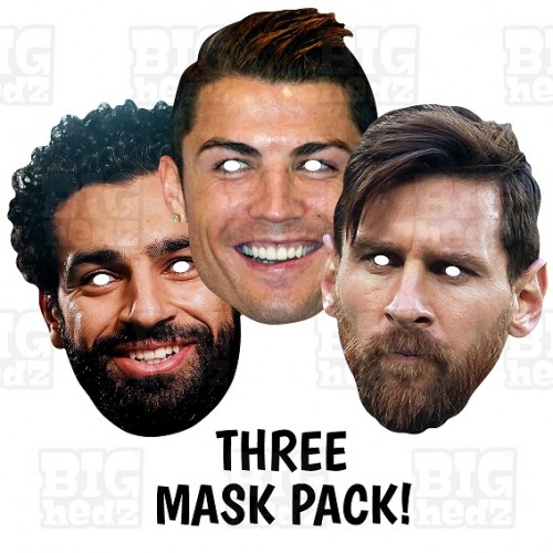 Lionel Messi, Mohamed Mo Salah and Cristiano Ronaldo 3 Card Face Masks, Triple Striker Mask Pack