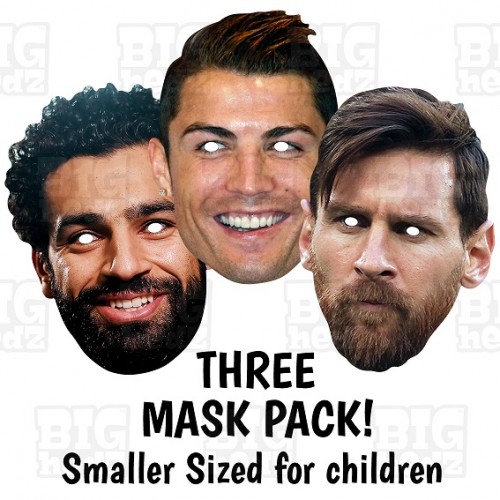 Kids Birthday Party Face Masks, 3 Mask Pack of Messi, Mo Salah and Ronaldo 