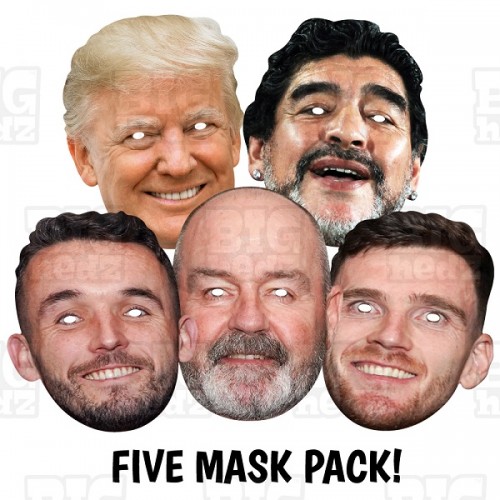 Scotland World Cup Card Face Masks of John McGinn, Andrew Robertson, Steve Clarke and Diego Maradona.