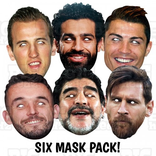 World Cup Player Card Face Masks, including Messi, Kane, Ronaldo, McGinn, Maradona and Mo Salah!