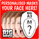 Personalised face masks custom made from card of your chosen image. Available on sticks or in GIANT size.