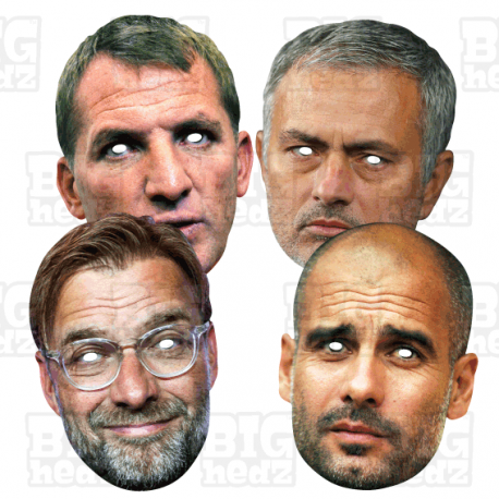 Football Managers : 4 Mask Pack Pep Guardiola, Jurgen Klopp, Brendan Rodgers, Jose Mourinho, card face masks.