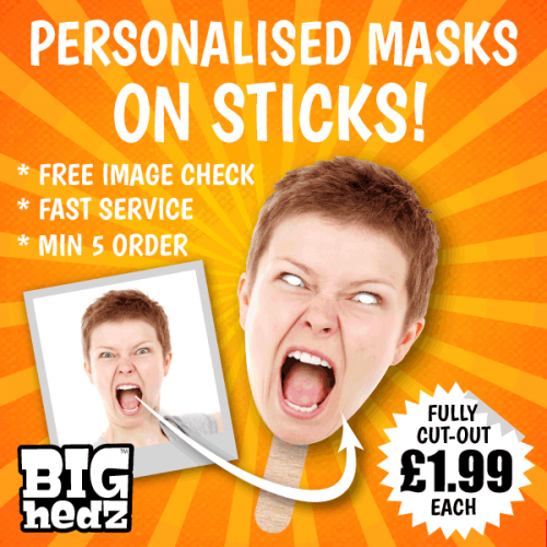 Personalised Face Masks on sticks or with an elastic strap, custom made from your photos of friends and family. 