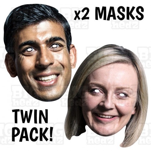 Card face masks on elastic of Rishi Sunak and Liz Truss the Conservative party leadership contenders