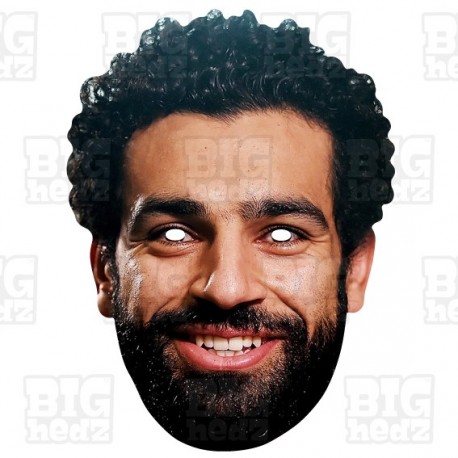 Giant card face mask of Mohamed "Mo" Salah with an elastic strap and eye-holes.