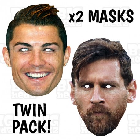 Lionel Messi and Cristiano Ronaldo card face masks, twin pack on elastic.