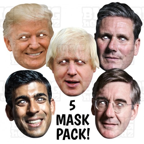Politician 5 Mask Pack of Rishi Sunak, Donald Trump, Boris Johnson, Keir Starmer and Jacob Rees-Mogg