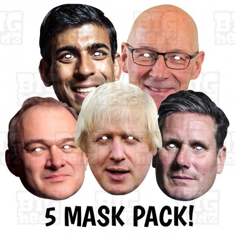 General Election card face masks of Sunak, Starmer, Ed Davey, John Swinney, Boris Johnson
