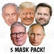 Political Card Face Mask Pack of Bibi Netanyahu, Donald Trump, JD Vance, Vladimir Putin and Keir Starmer