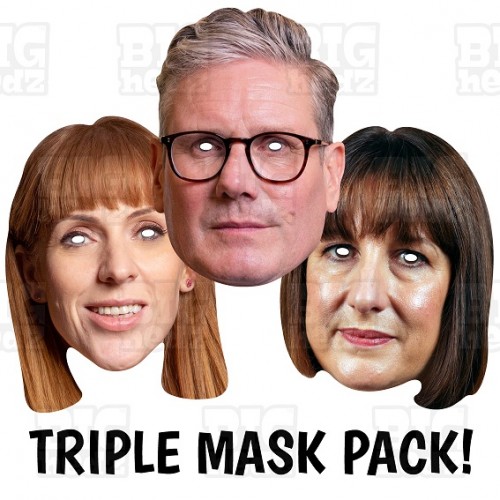 Labour Party Card Face Masks of Keir Starmer, Rachel Reeves, Angela Rayner