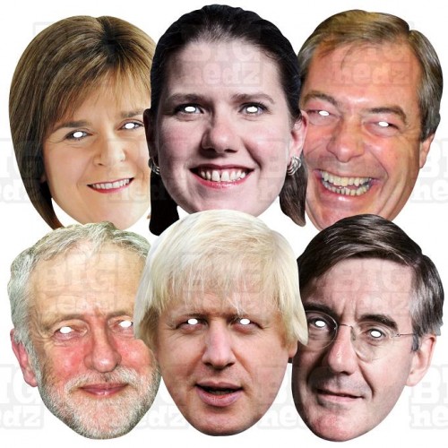 GENERAL ELECTION 6 Mask Pack: Boris Johnson + Jacob Rees-Mogg + Jeremy Corbyn + Jo Swinson + Nigel Farage + Nicola Sturgeon, Lif